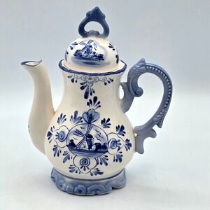 Vintage Delft Teapot Floral Windmill Handpainted and Signed Unique Handle